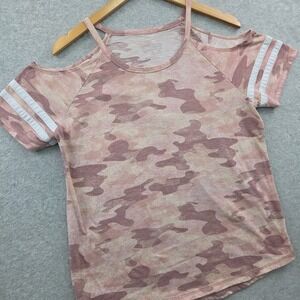 Retro Varsity MUDD Dreamy Cold Shoulder T-Shirt Women XL Pink CAMO STRETCH Top